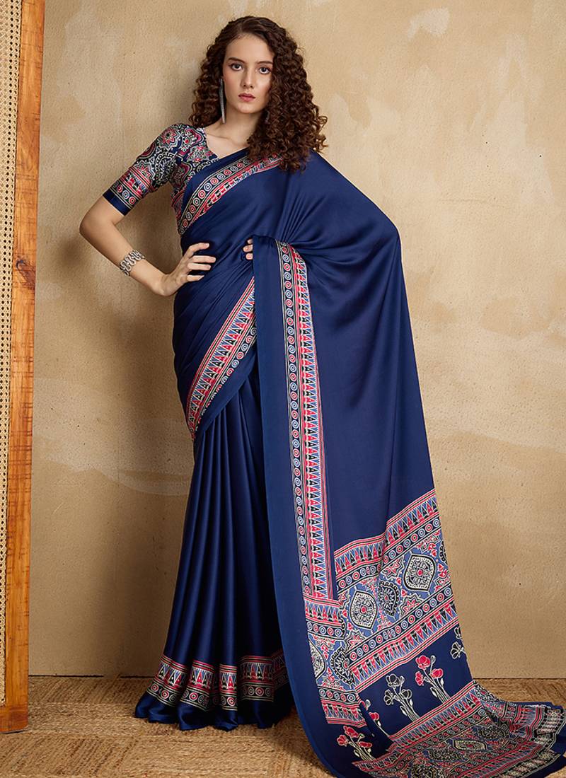 Navy blue printed satin saree