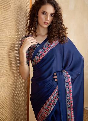 Navy blue printed satin saree 3