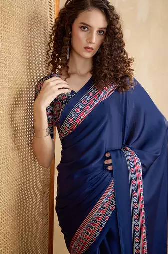 Navy blue printed satin saree