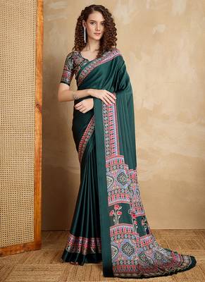Dark green printed satin saree 1