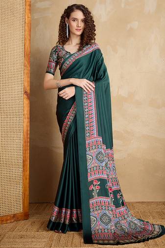 Dark green printed satin saree