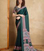Dark green printed satin saree