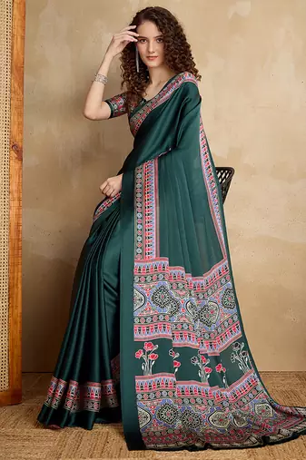Dark green printed satin saree
