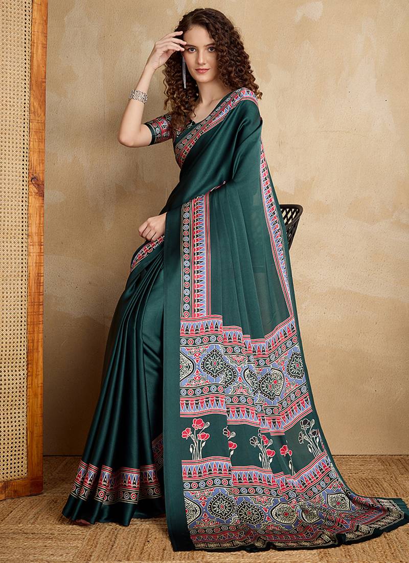 Dark green printed satin saree