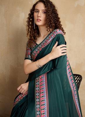 Dark green printed satin saree 3