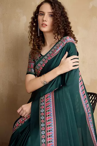 Dark green printed satin saree