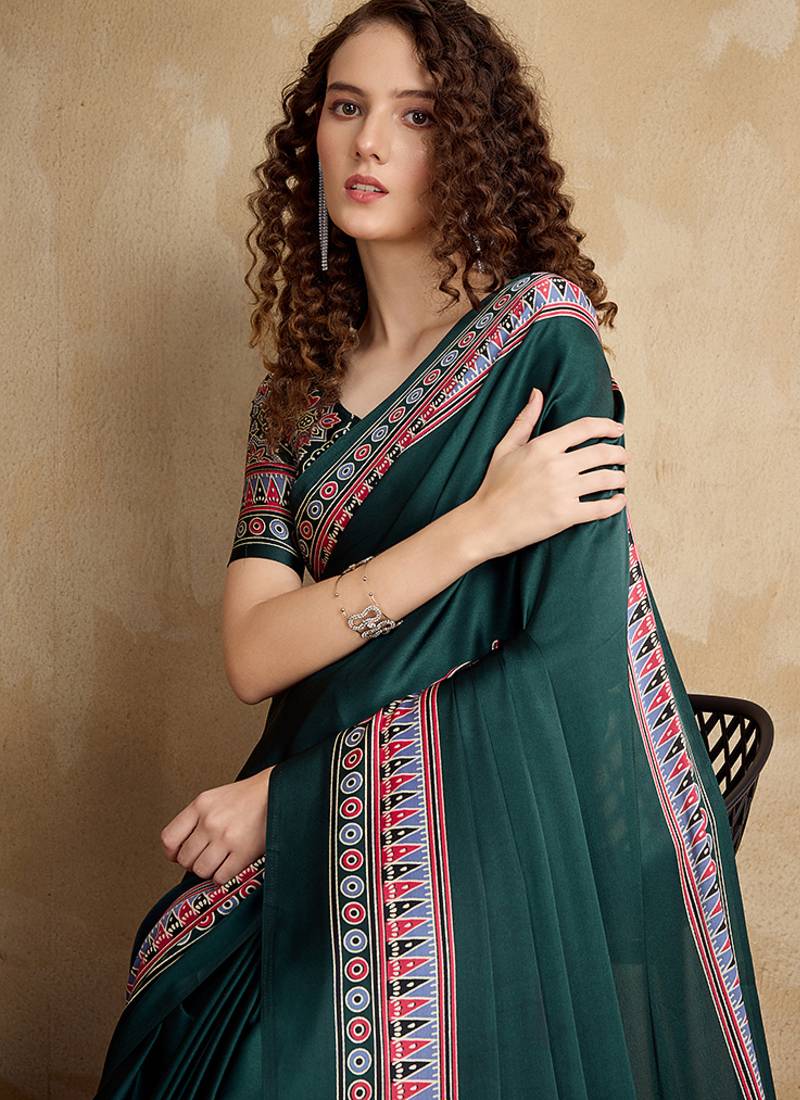 Dark green printed satin saree