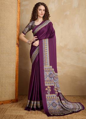 Purple printed satin saree 1