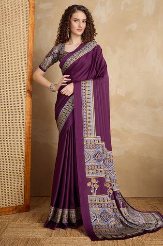 Purple printed satin saree