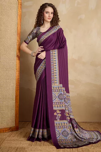 Purple printed satin saree