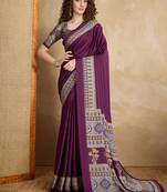 Purple printed satin saree