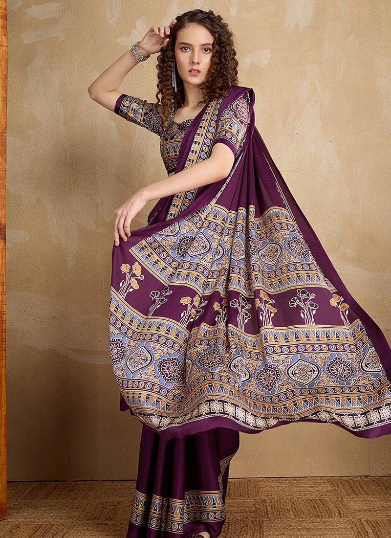 Purple printed satin saree