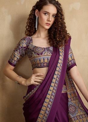 Purple printed satin saree 3