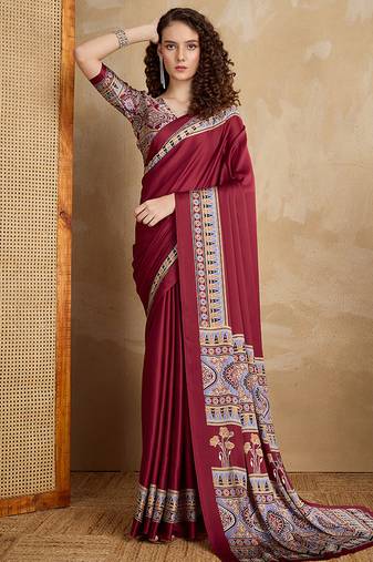 Maroon printed satin saree