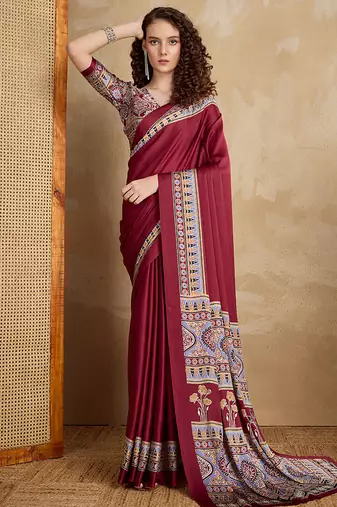 Maroon printed satin saree