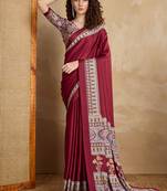 Maroon printed satin saree