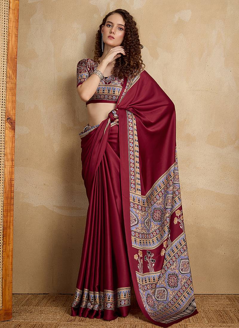 Maroon printed satin saree