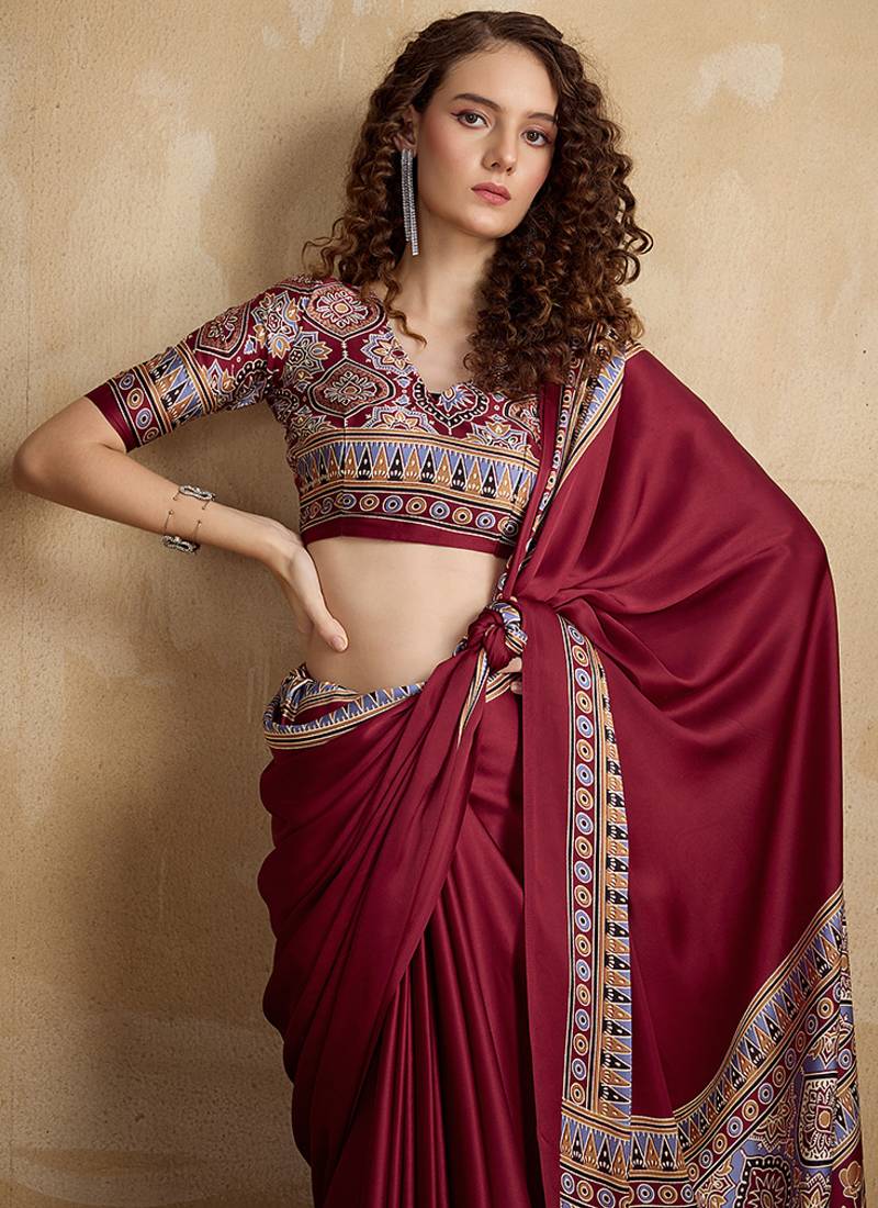 Maroon printed satin saree