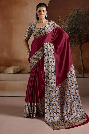 Burgundy printed satin saree