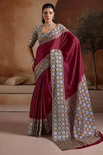 Burgundy printed satin saree