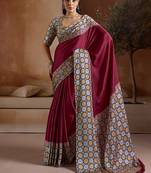 Burgundy printed satin saree