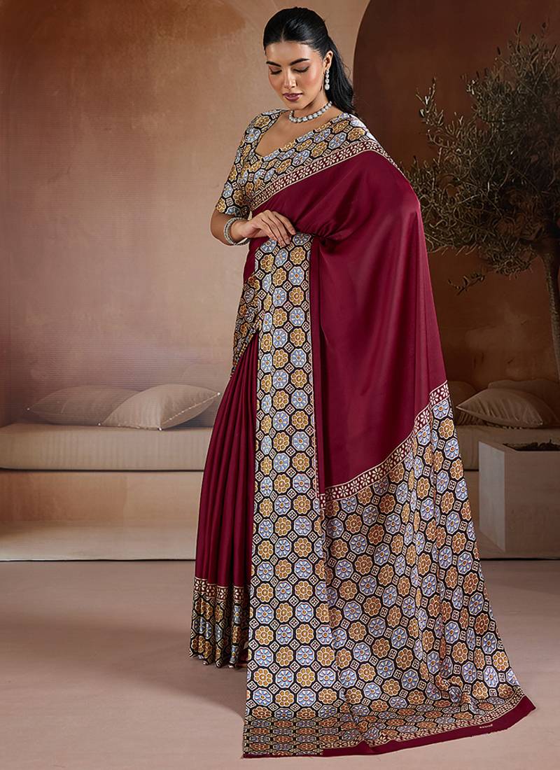 Burgundy printed satin saree