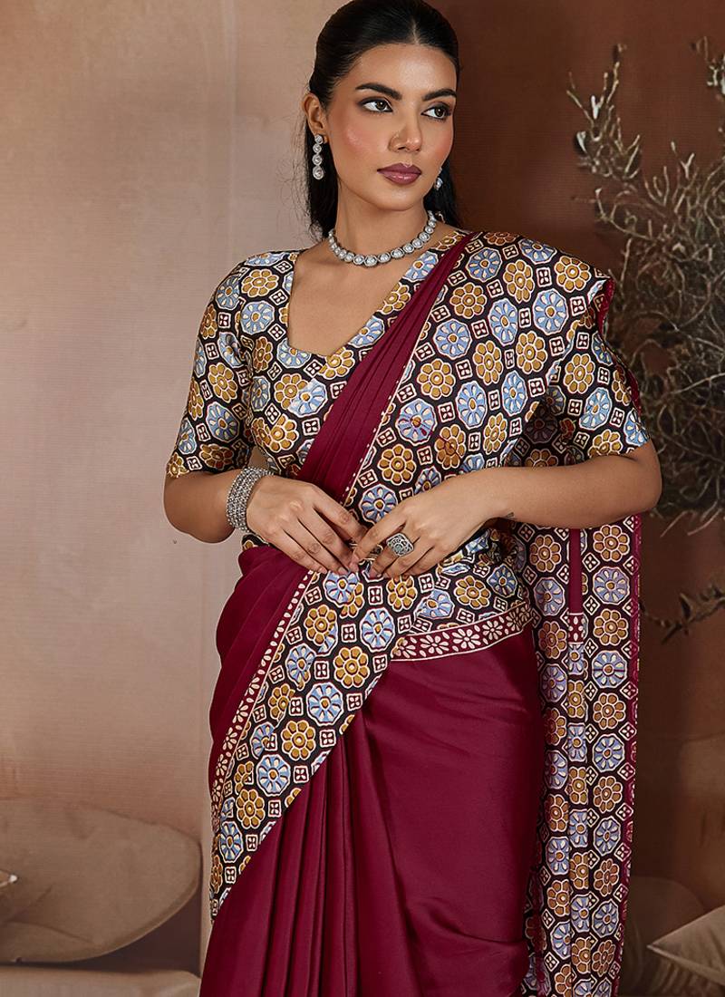 Burgundy printed satin saree