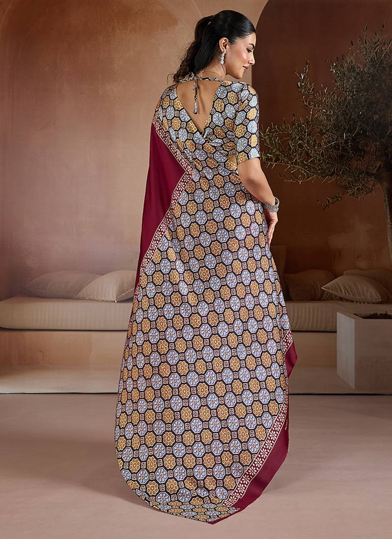 Burgundy printed satin saree