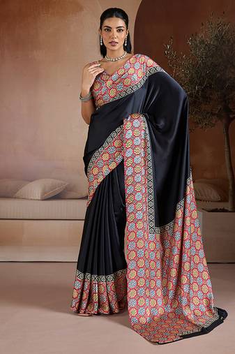 Black printed satin saree