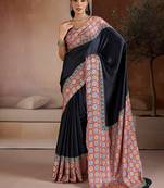 Black printed satin saree