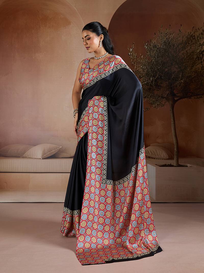 Black printed satin saree