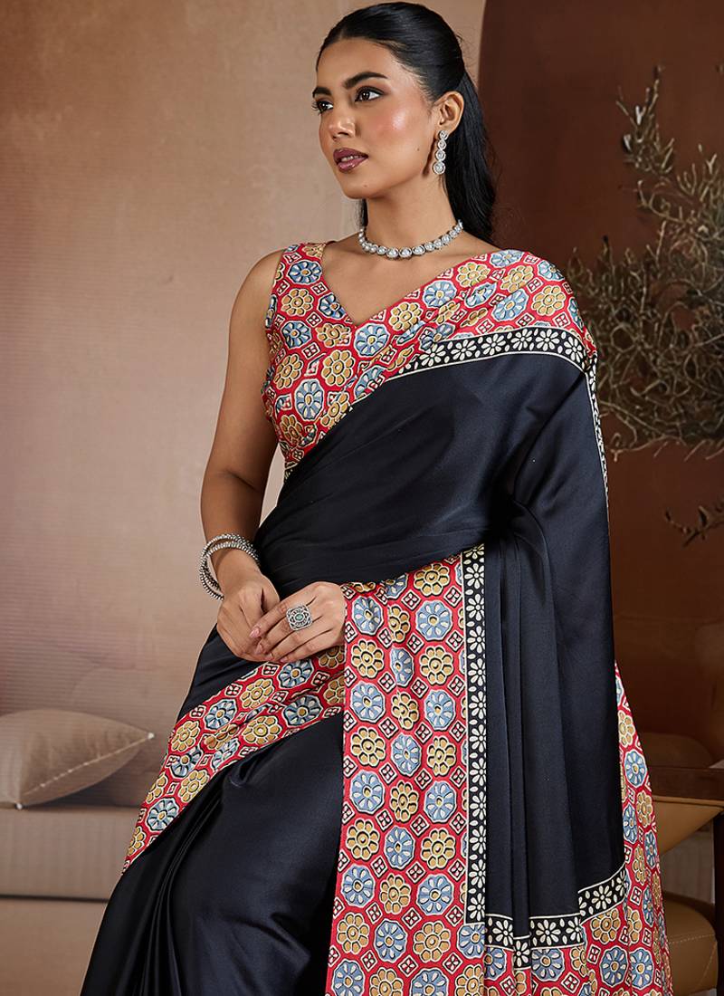Black printed satin saree
