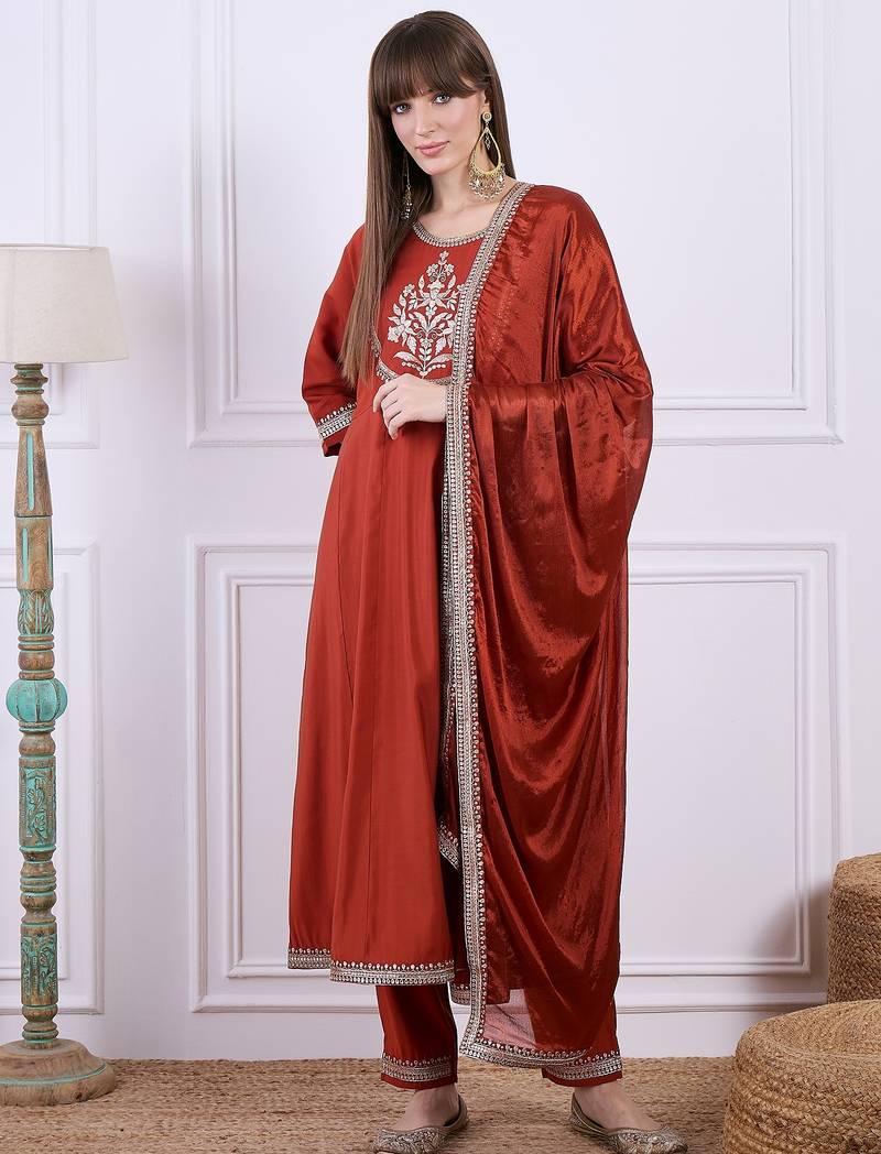 Red women kurta pant dupatta set