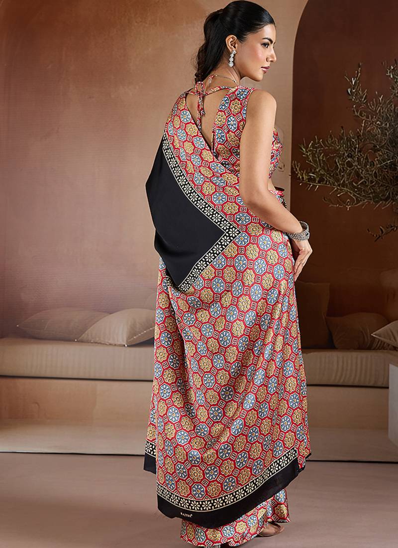 Black printed satin saree