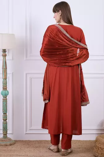 Red women kurta pant dupatta set