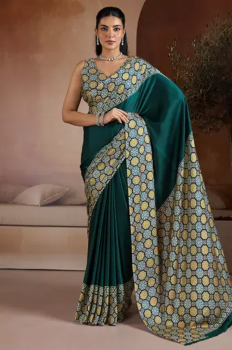 Dark teal printed satin saree
