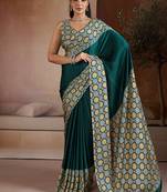 Dark teal printed satin saree