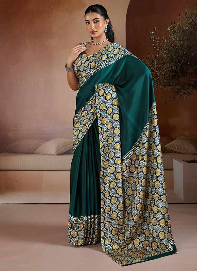 Dark teal printed satin saree