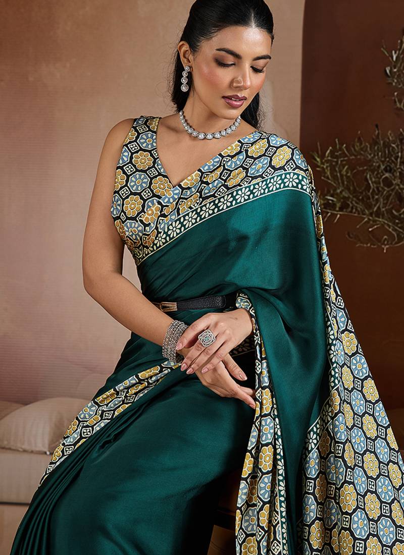 Dark teal printed satin saree