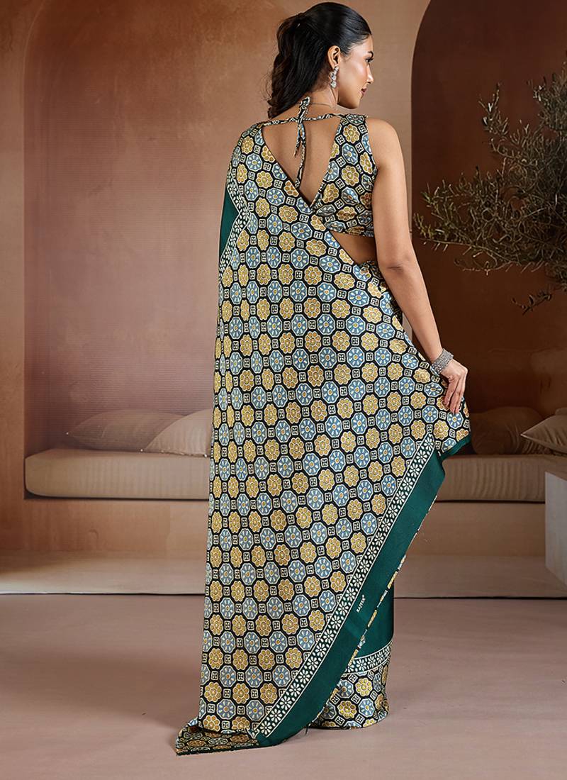 Dark teal printed satin saree
