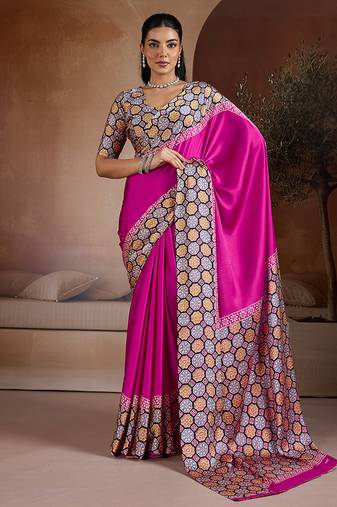Magenta printed satin saree