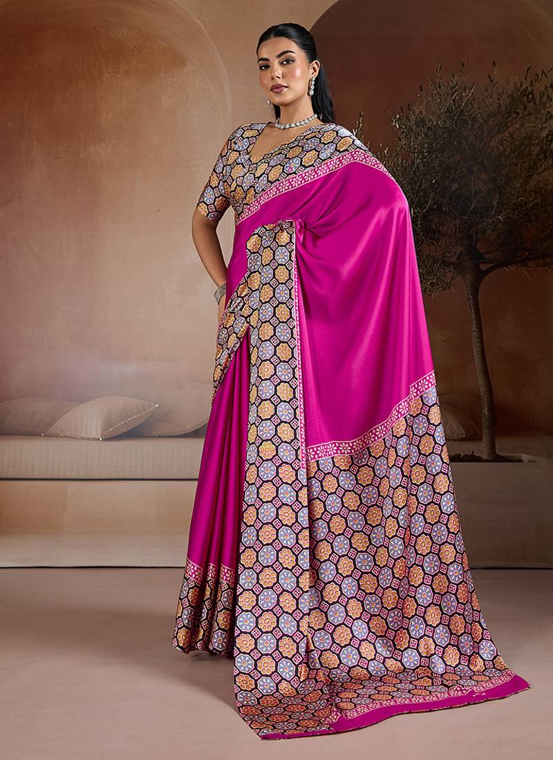 Magenta printed satin saree