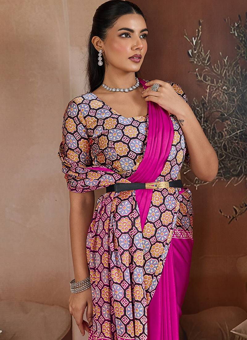 Magenta printed satin saree