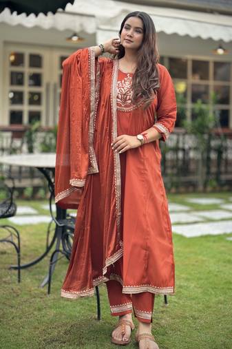 Orange women kurta pant dupatta set