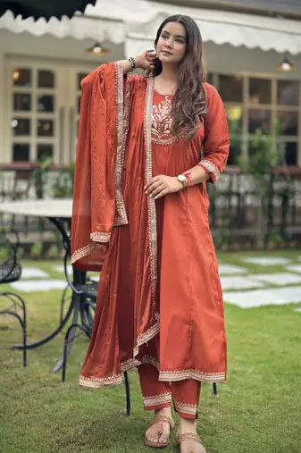 Orange women kurta pant dupatta set