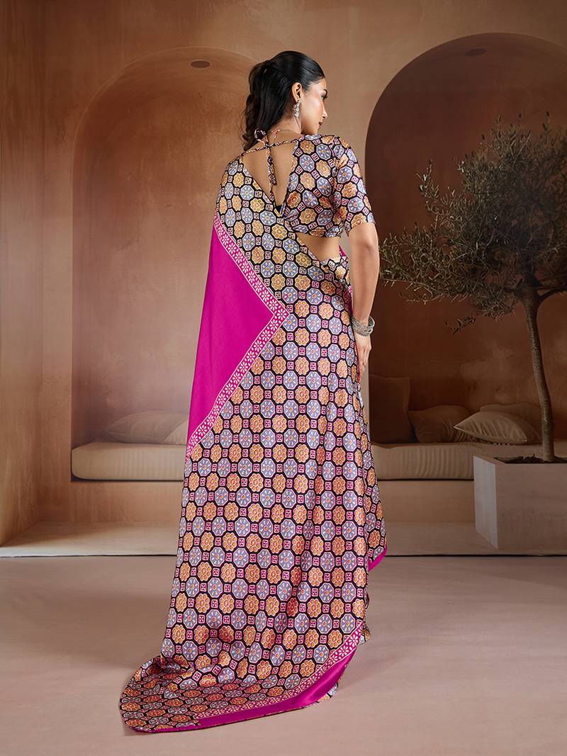 Magenta printed satin saree