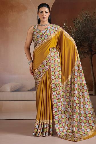 Mustard printed satin saree