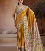 Mustard printed satin saree