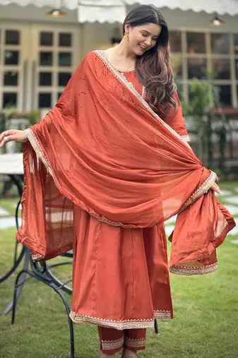 Orange women kurta pant dupatta set
