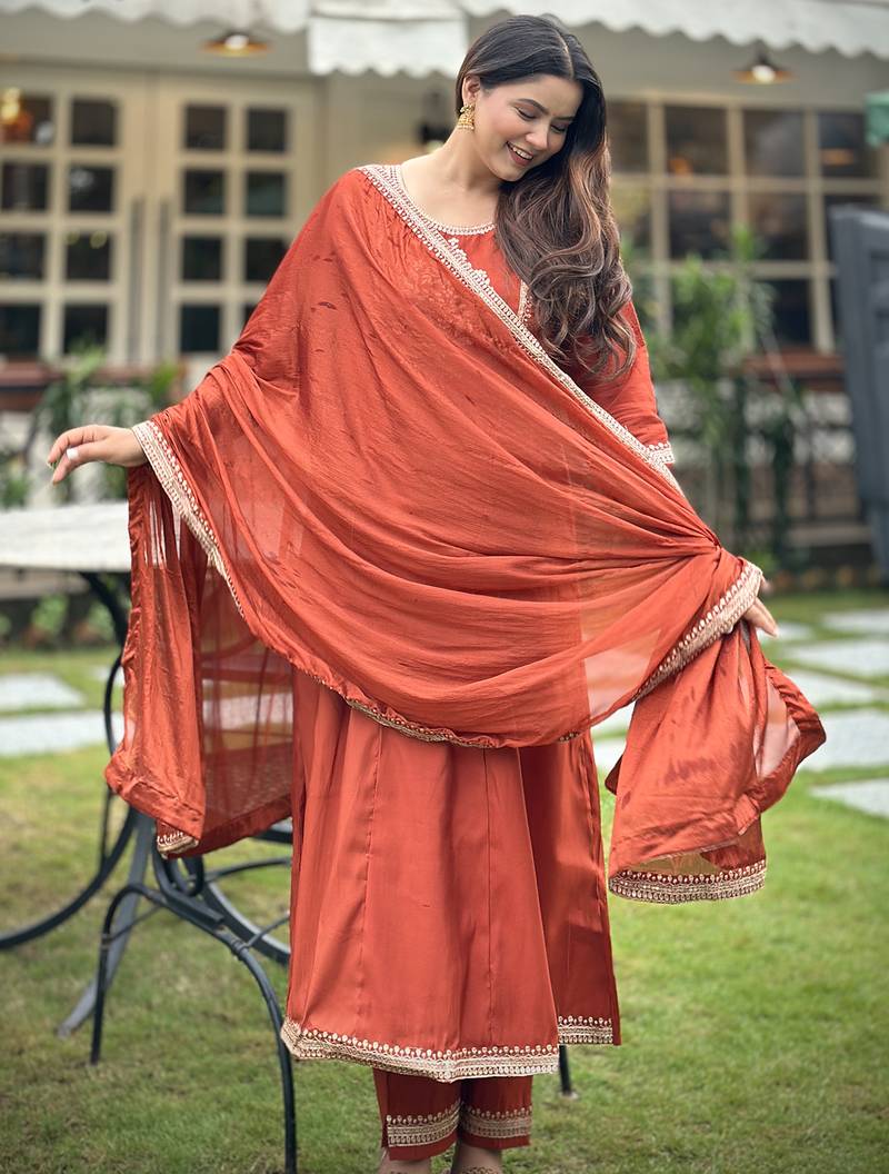 Orange women kurta pant dupatta set